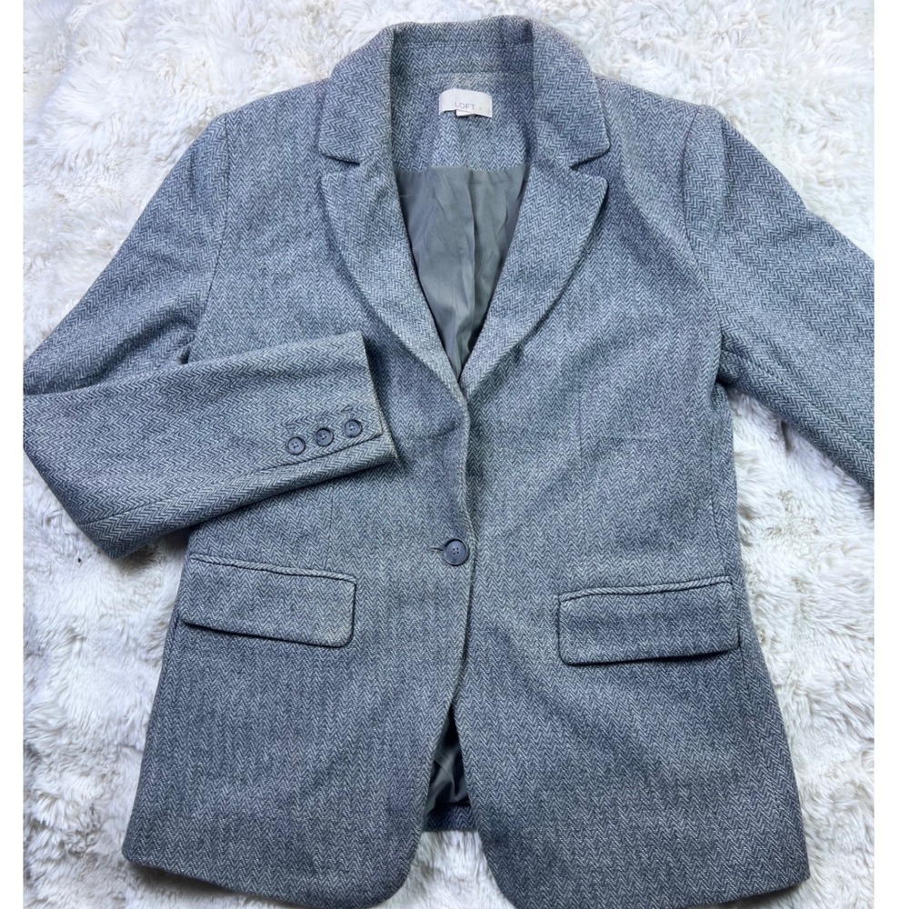 Loft Grey Herringbone Single Button Blazer Jacket Size 4 Workwear. A40
